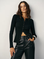 Snug Ribbed T-Shirt with Button Details