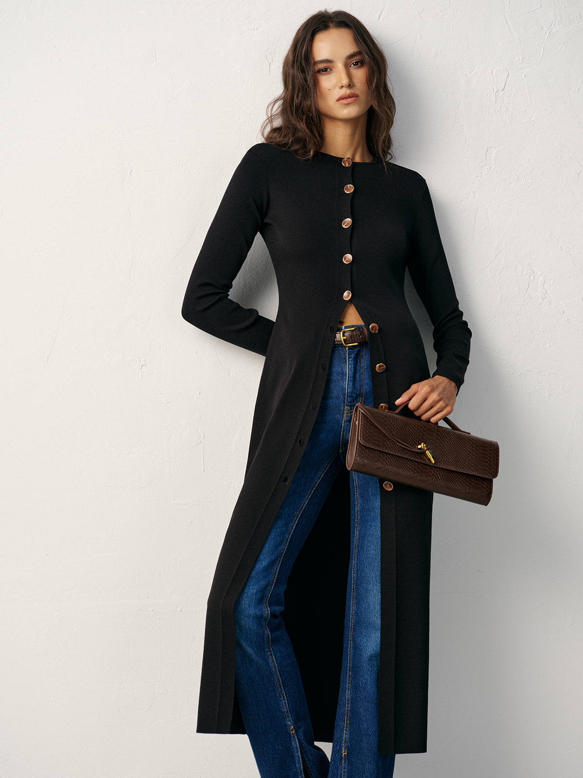 Front-Button Ribbed Longline Cardigan Dress