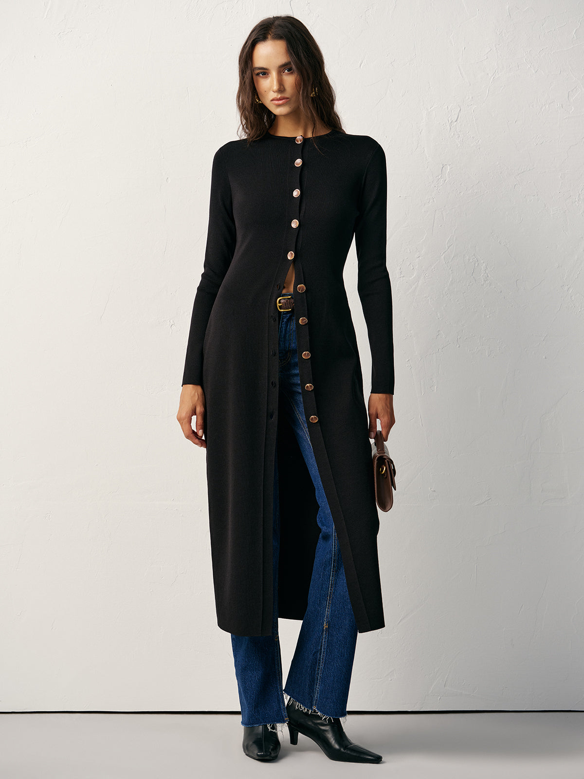 Front-Button Ribbed Longline Cardigan Dress