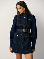 Buttoned Belted Denim Dress with Front Closure