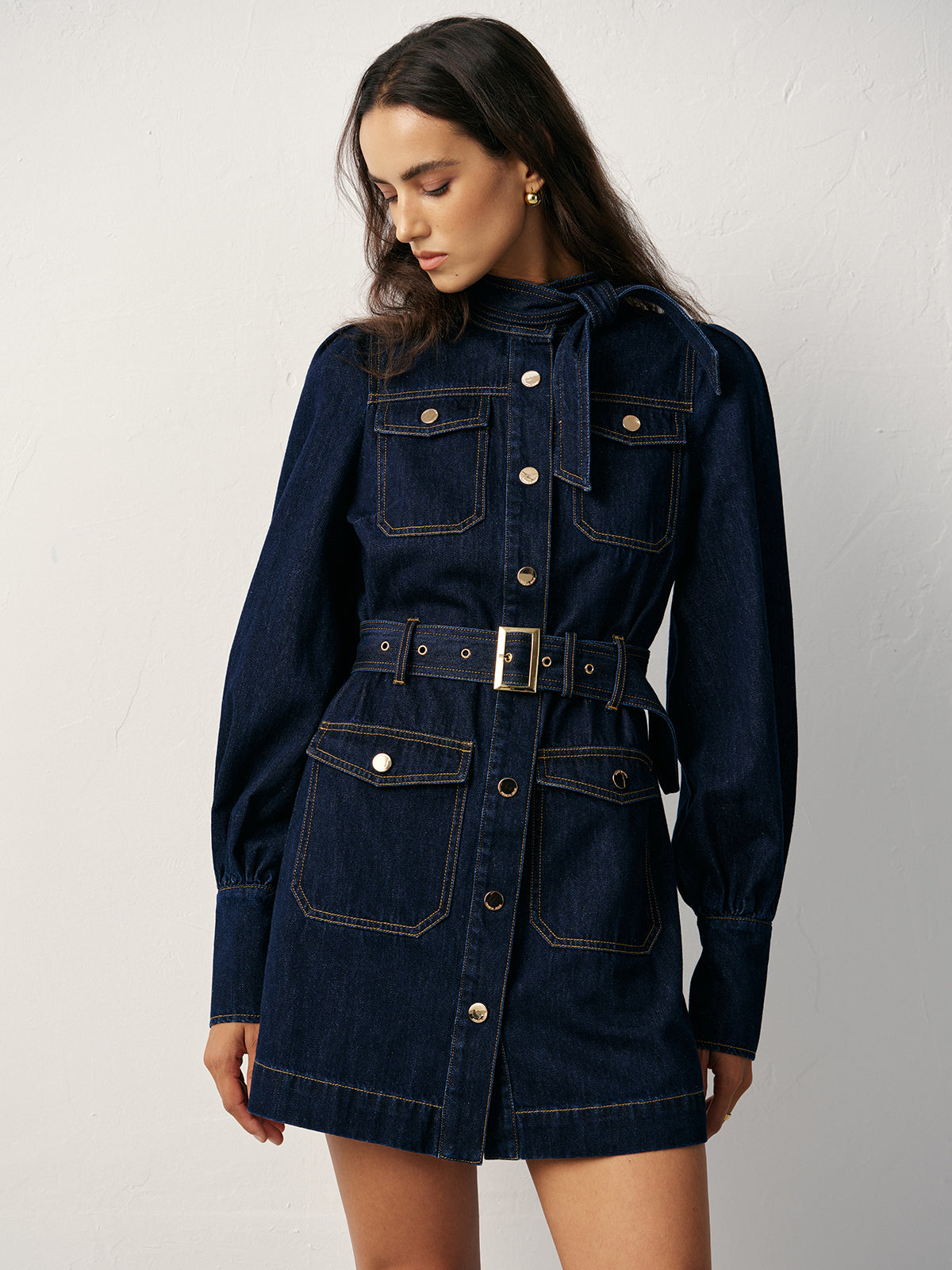 Buttoned Belted Denim Dress with Front Closure