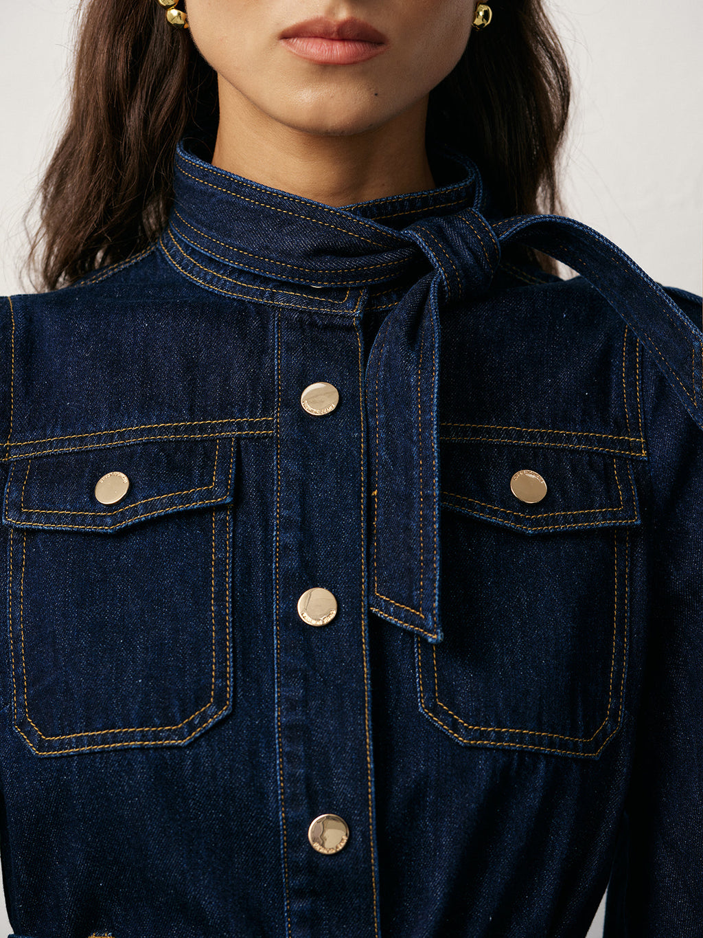 Buttoned Belted Denim Dress with Front Closure