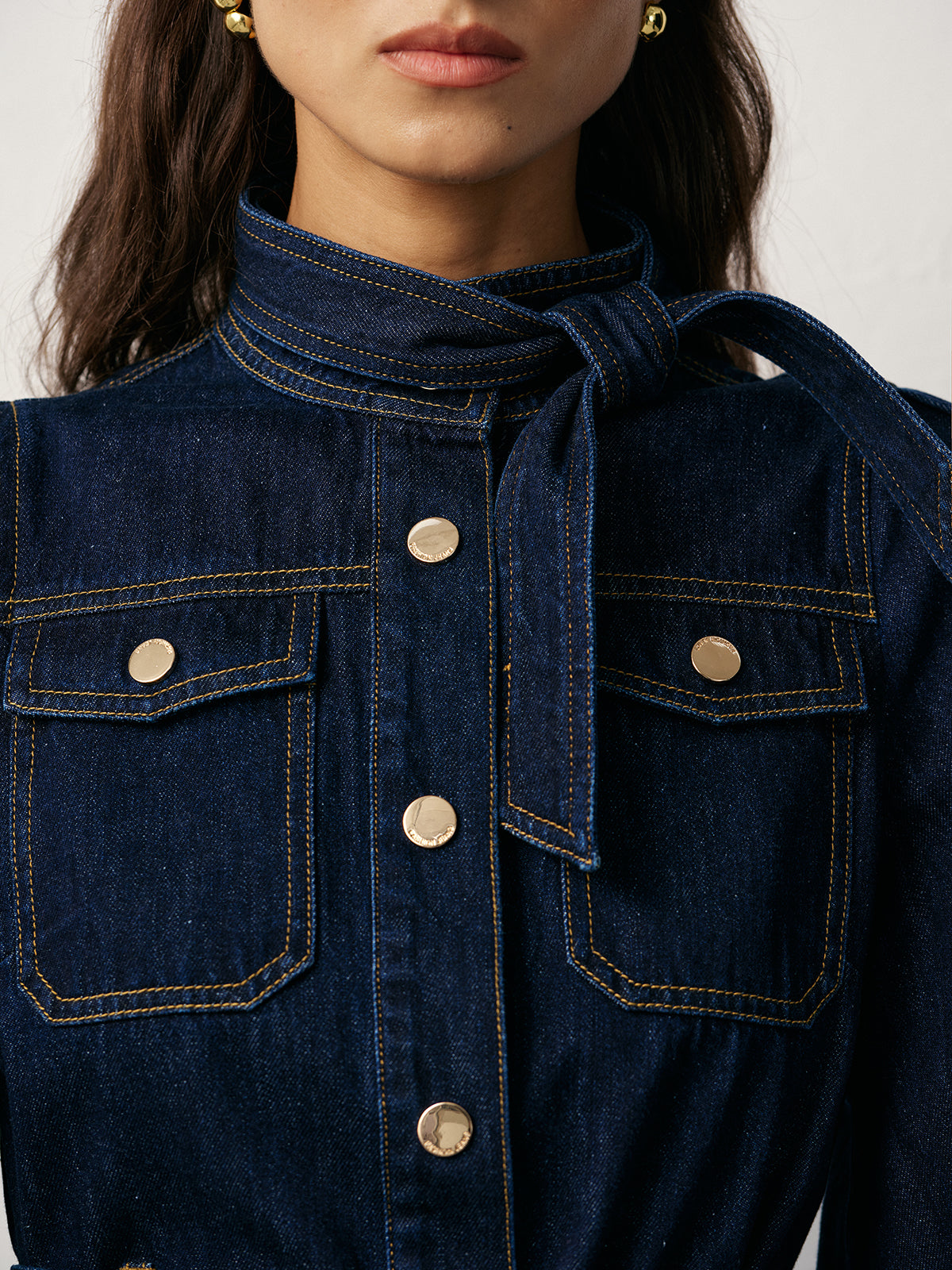 Buttoned Belted Denim Dress with Front Closure
