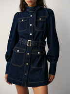 Buttoned Belted Denim Dress with Front Closure