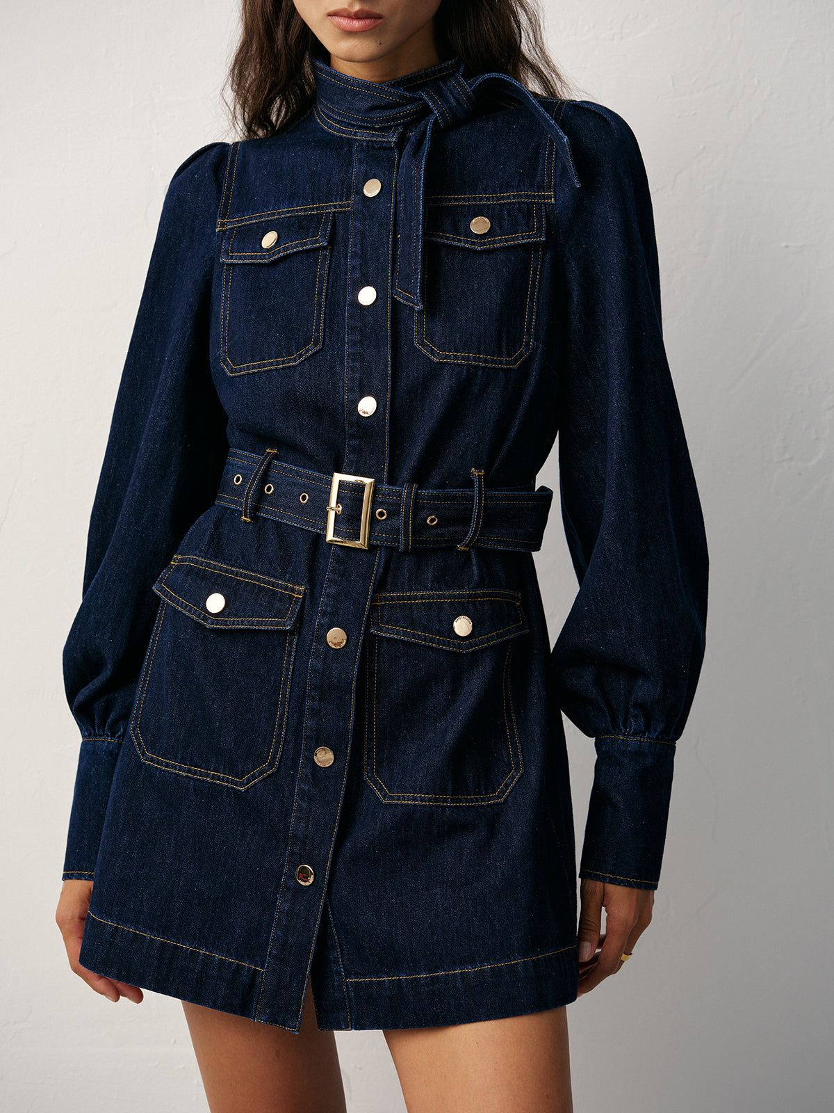 Buttoned Belted Denim Dress with Front Closure
