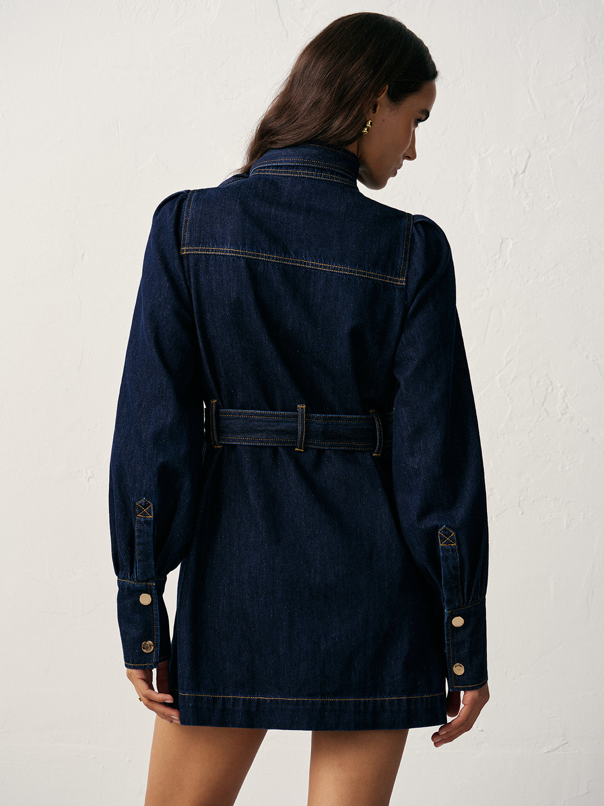 Buttoned Belted Denim Dress with Front Closure