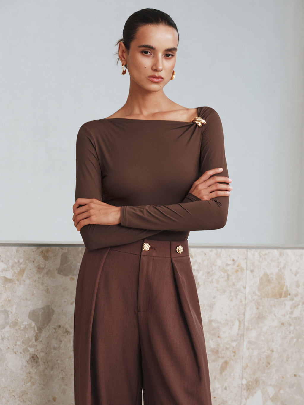 Asymmetric Neckline Bodysuit with Metal Accent Detail