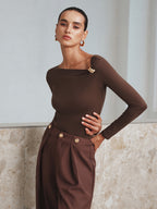 Asymmetric Neckline Bodysuit with Metal Accent Detail