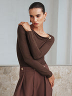 Asymmetric Neckline Bodysuit with Metal Accent Detail
