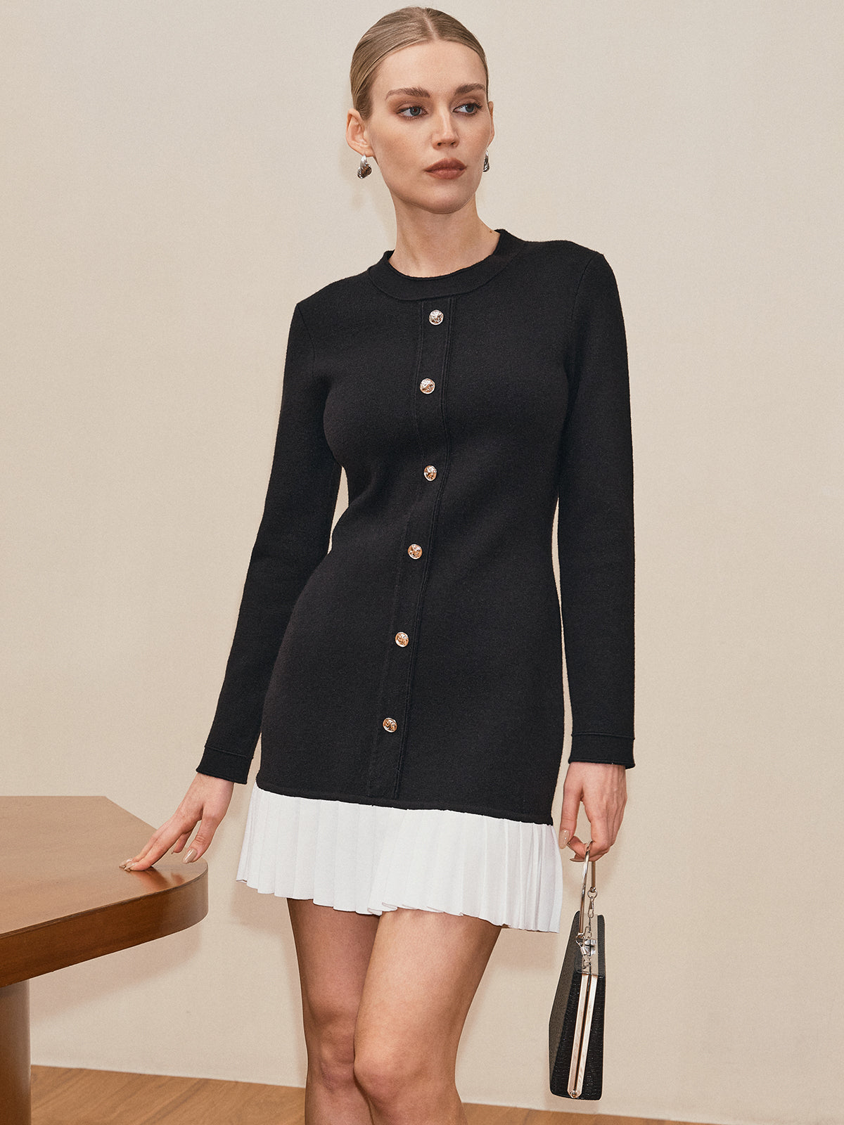 Long Sleeve Sweater Dress with Pleated Hem