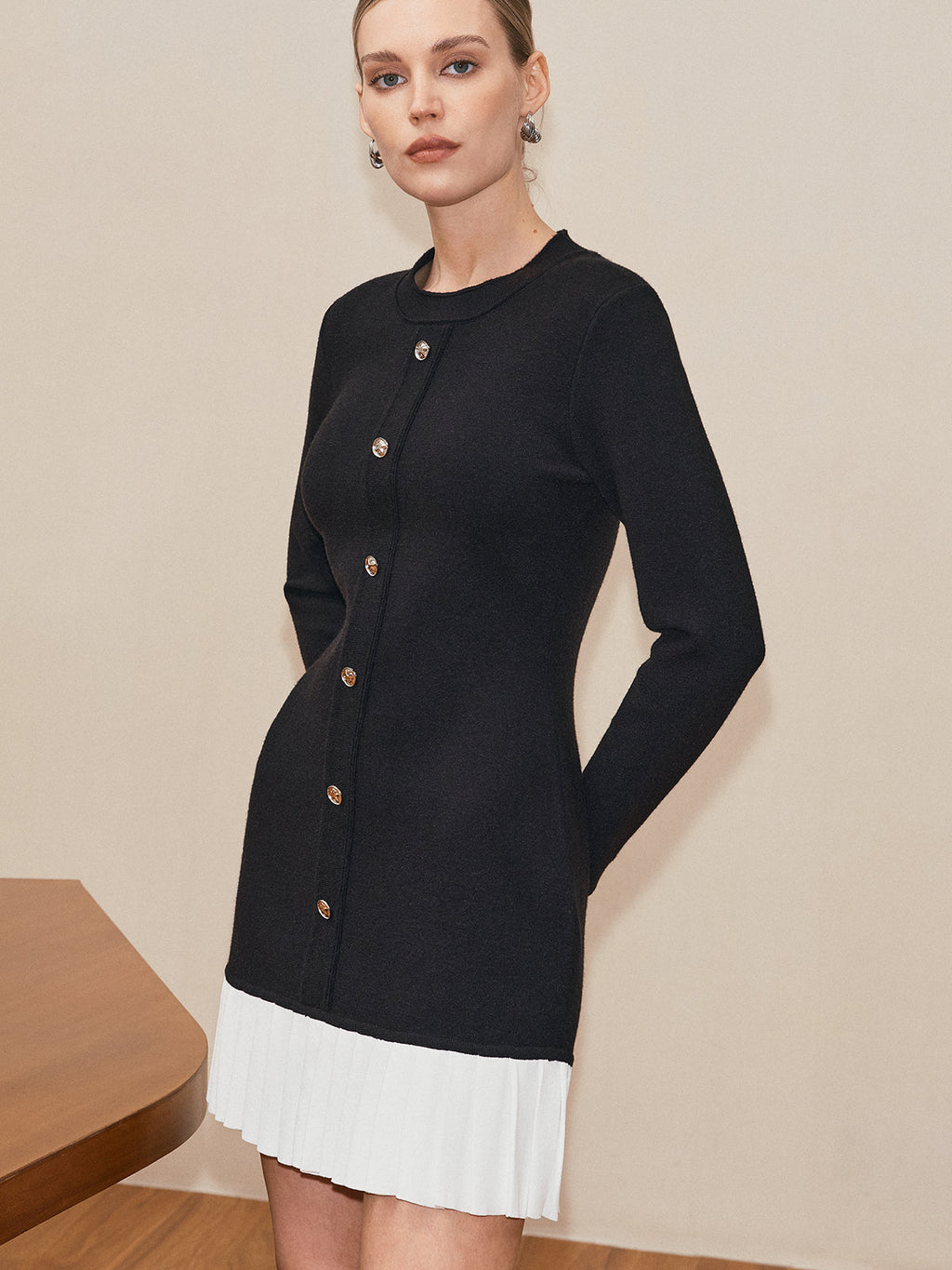 Long Sleeve Sweater Dress with Pleated Hem