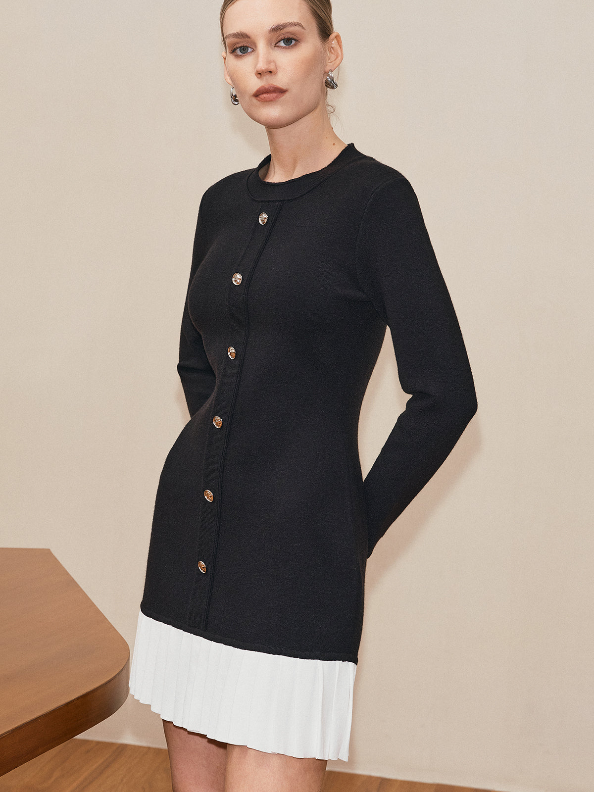 Long Sleeve Sweater Dress with Pleated Hem