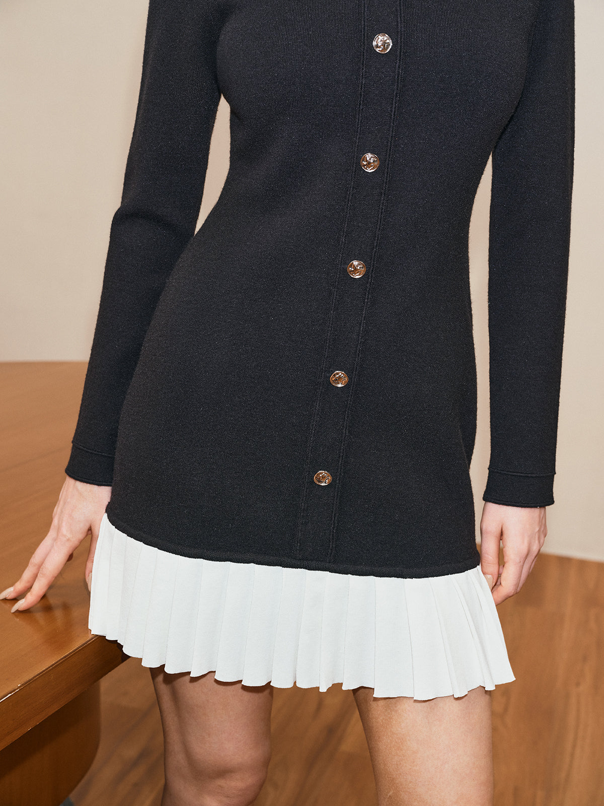 Long Sleeve Sweater Dress with Pleated Hem