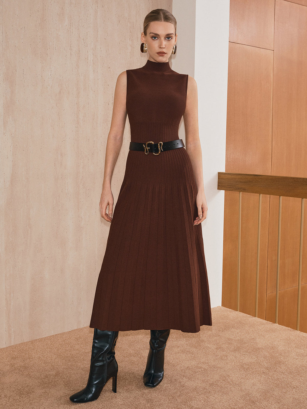 Sleeveless Turtleneck Knit Maxi Dress No Belt