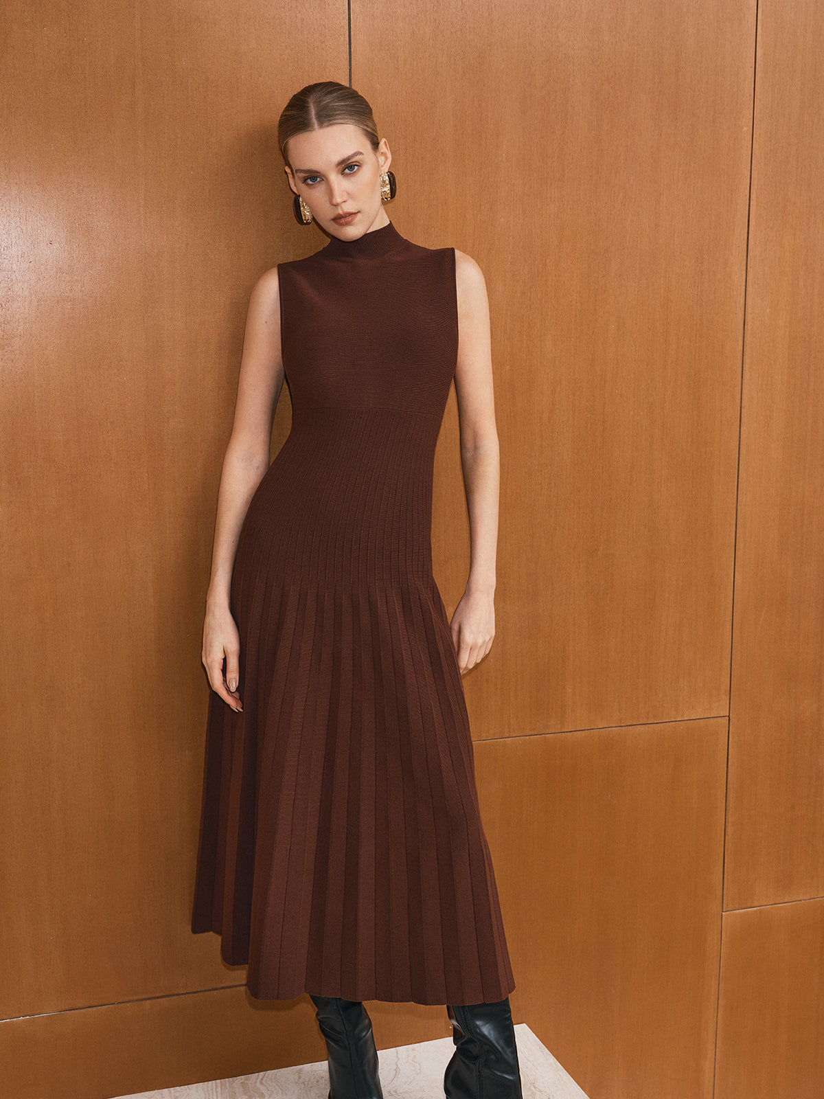 Sleeveless Turtleneck Knit Maxi Dress No Belt
