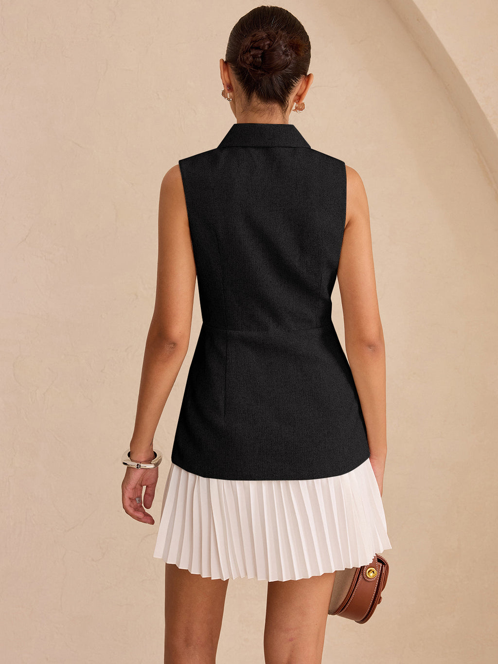 Sleeveless Top with Collared Neck and Pleated Mini Skirt