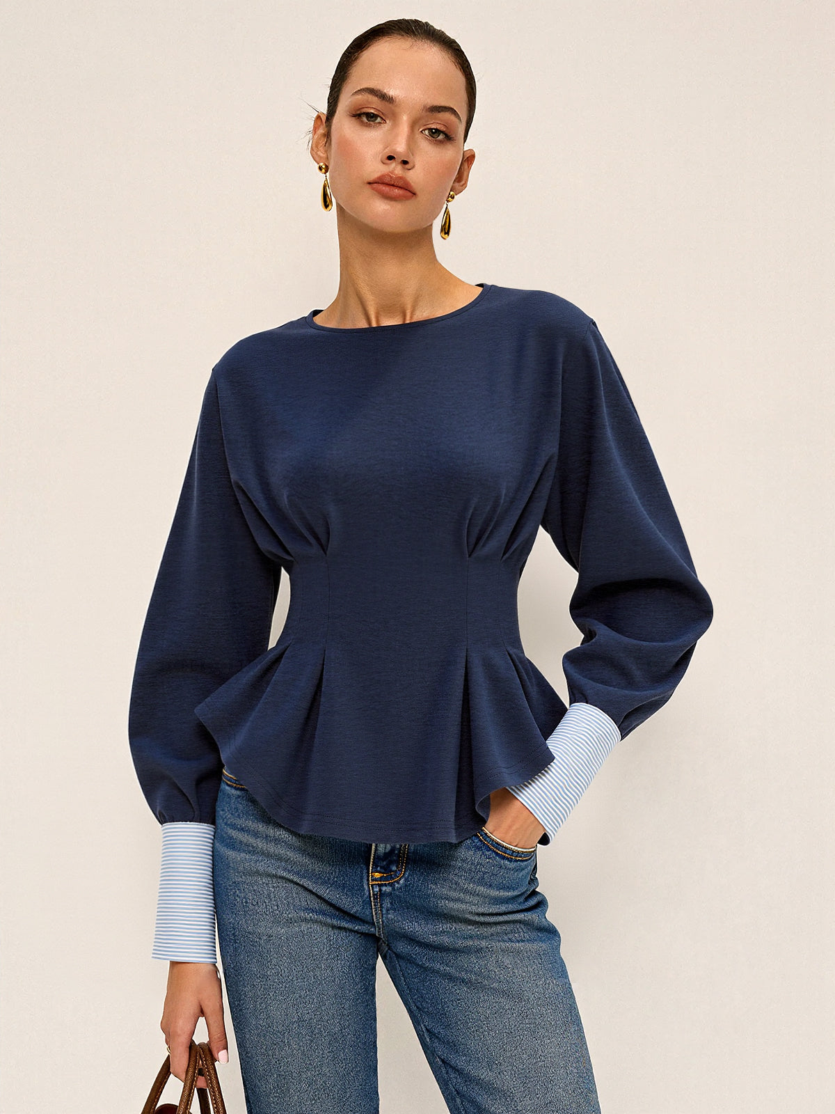 Balloon Sleeve Peplum Sweatshirt with Round Neck