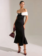 Off-Shoulder Mermaid Midi Dress with Bow Detail