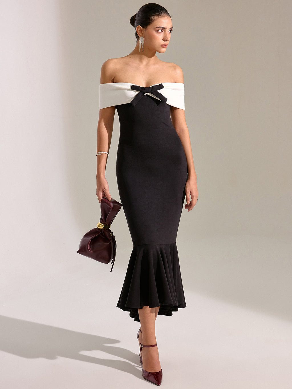 Off-Shoulder Mermaid Midi Dress with Bow Detail