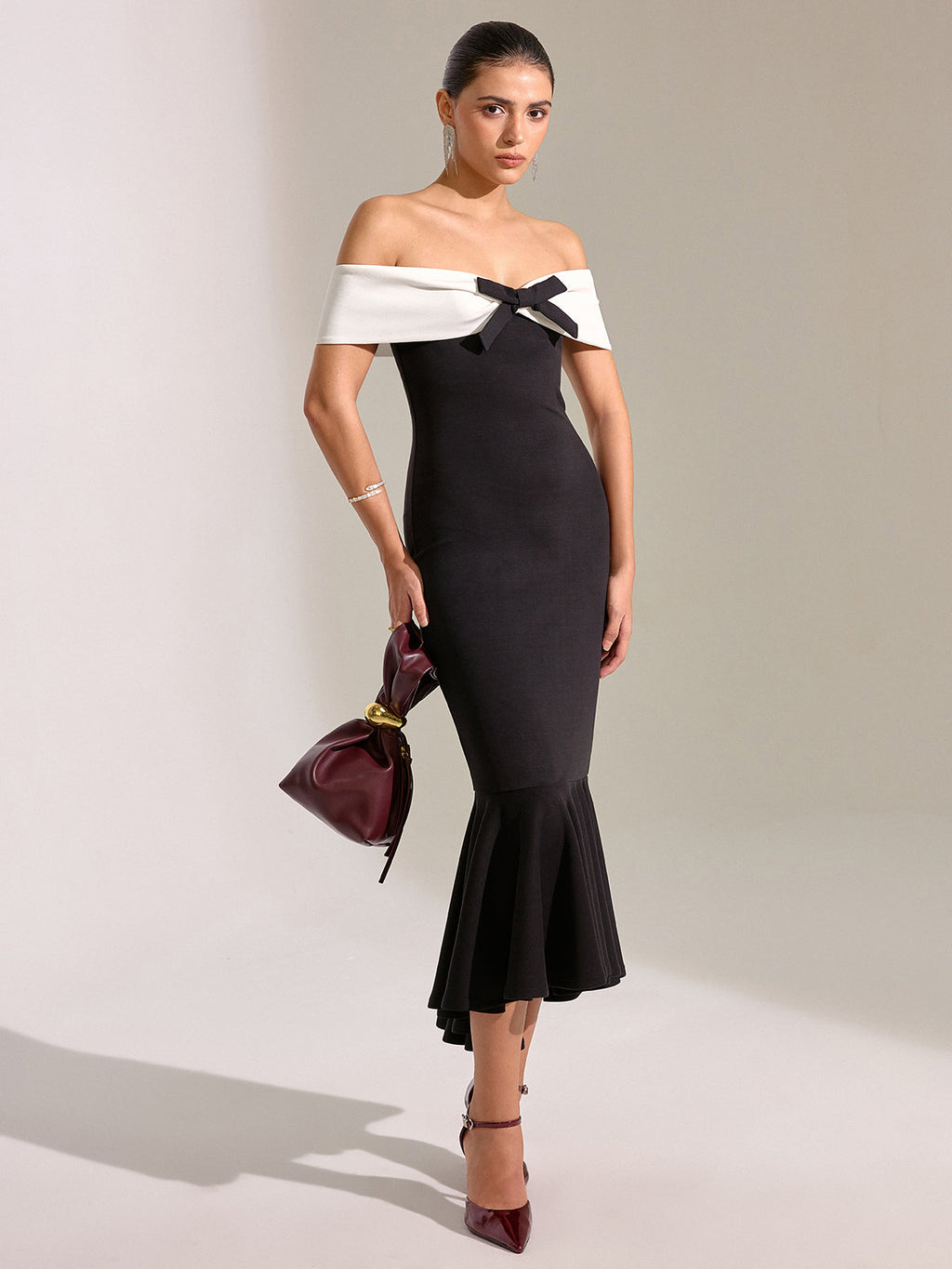 Bow-Accented Off-Shoulder Mermaid Midi Dress