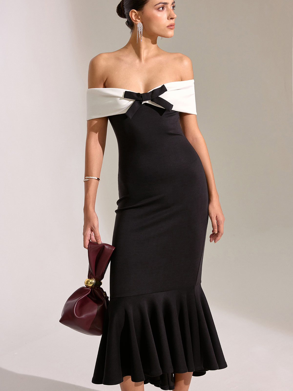 Off-Shoulder Mermaid Midi Dress with Bow Detail