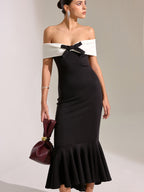 Bow-Accented Off-Shoulder Mermaid Midi Dress