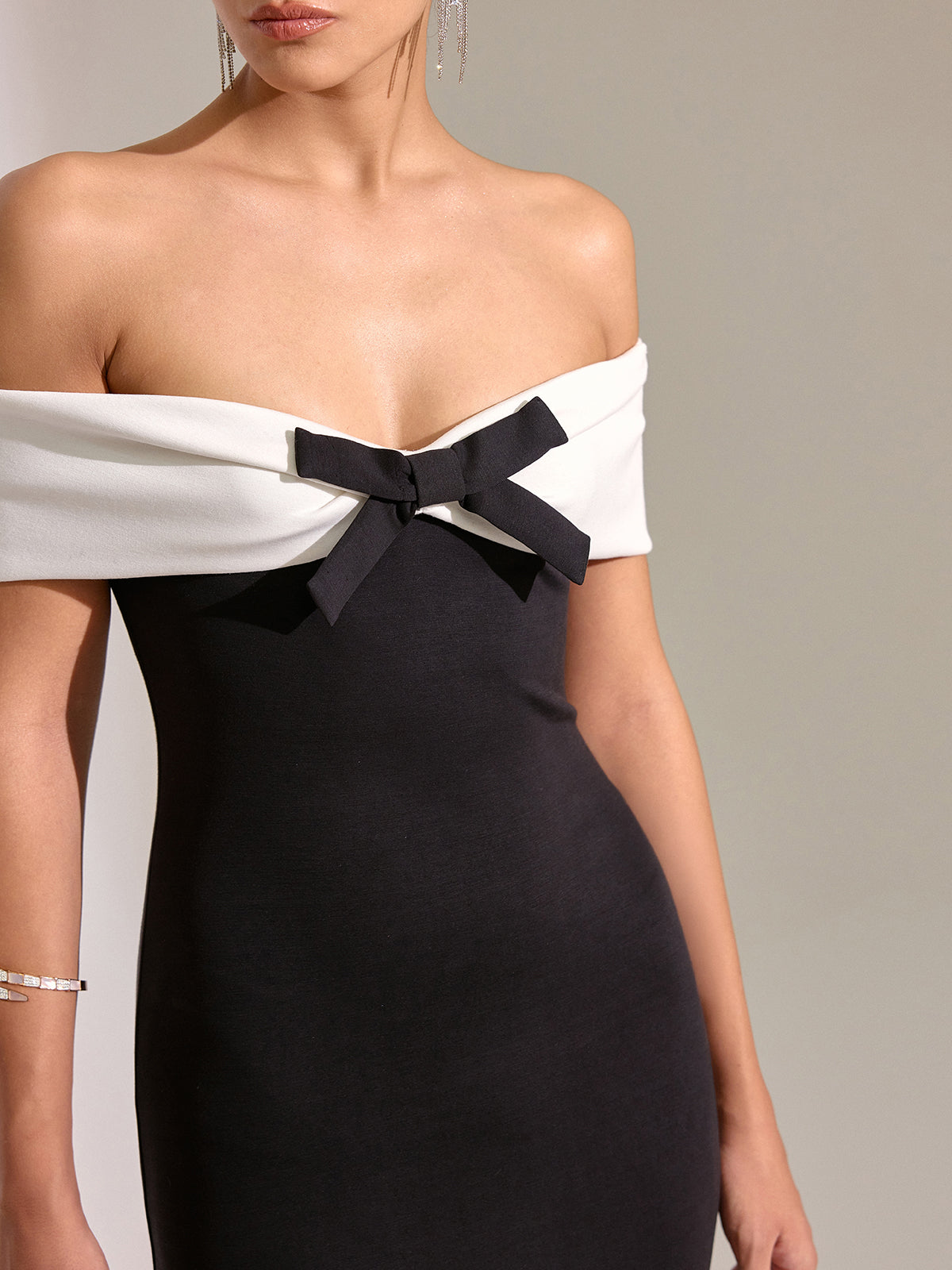 Bow-Accented Off-Shoulder Mermaid Midi Dress