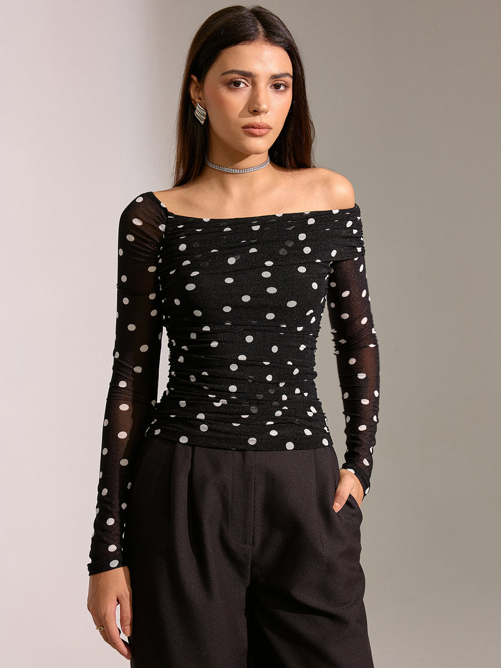 Semi-Sheer Off-Shoulder Top with Polka Dot Mesh Ruching
