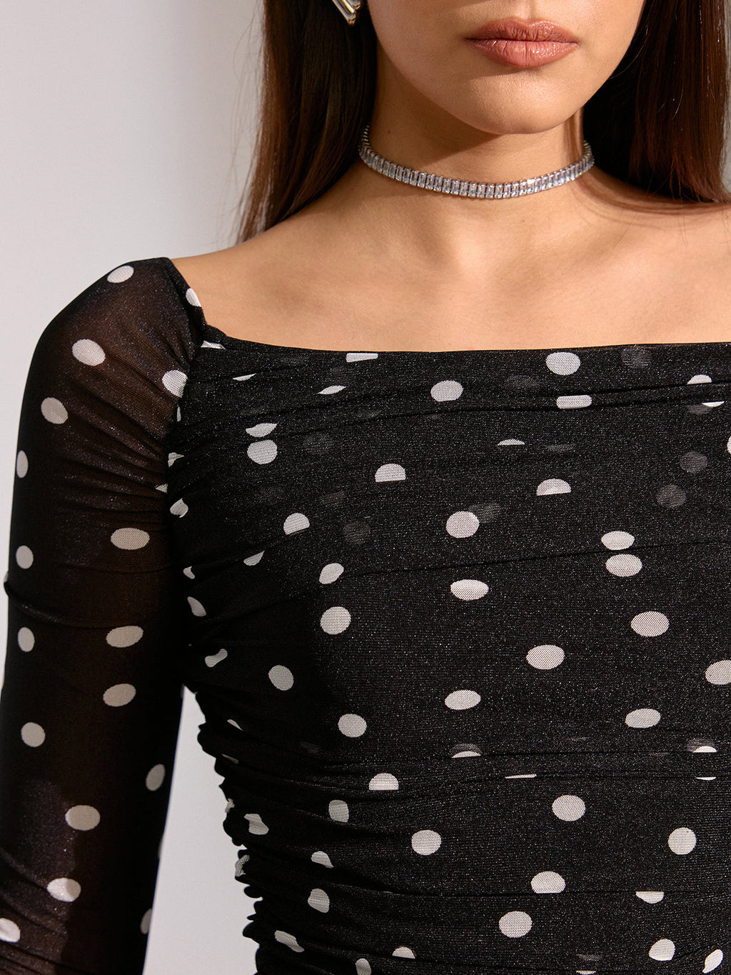 Semi-Sheer Off-Shoulder Top with Polka Dot Mesh Ruching