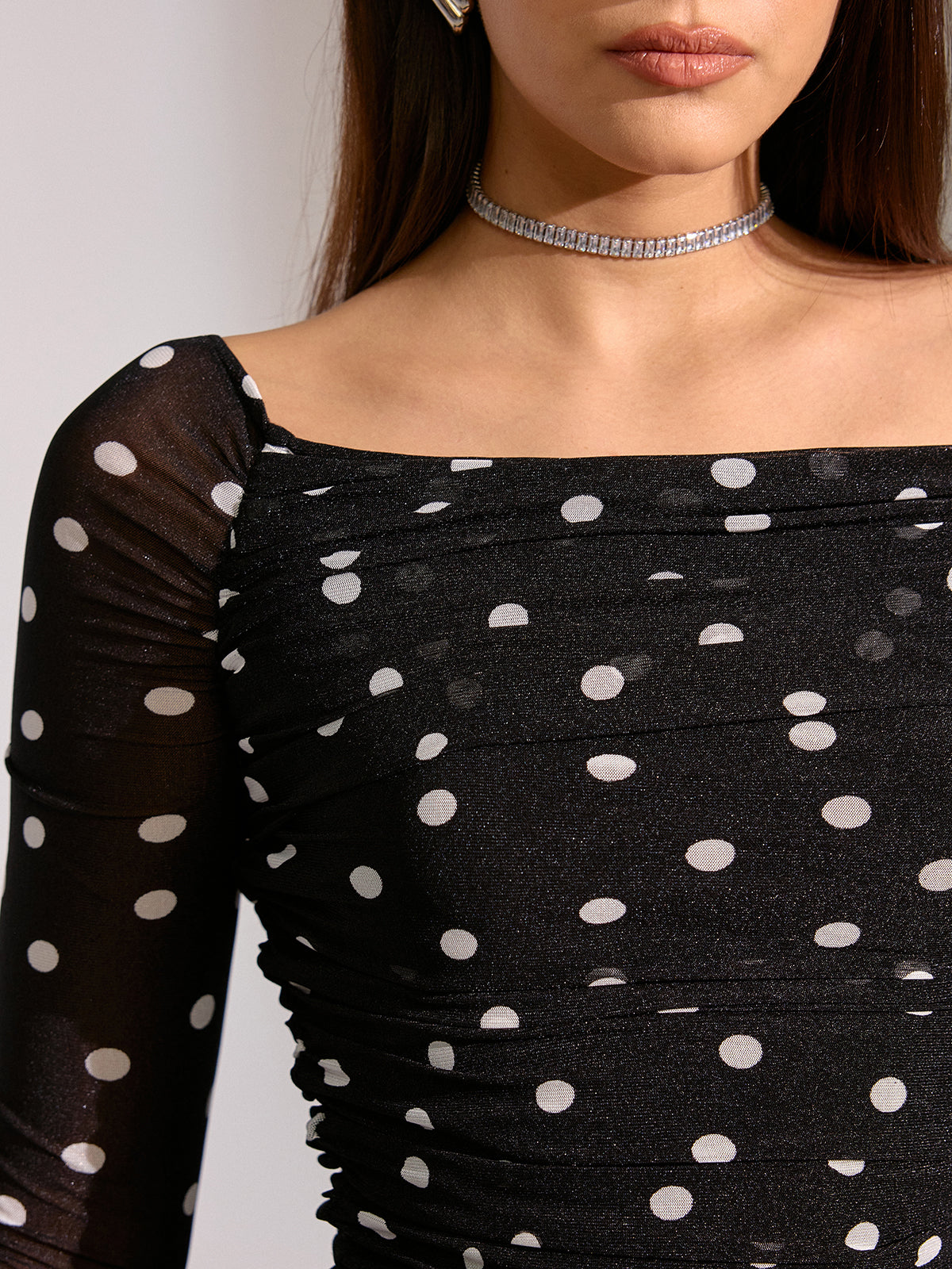 Semi-Sheer Off-Shoulder Top with Polka Dot Mesh Ruching
