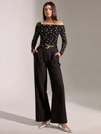 Semi-Sheer Off-Shoulder Top with Polka Dot Mesh Ruching