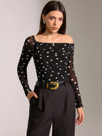 Semi-Sheer Off-Shoulder Top with Polka Dot Mesh Ruching