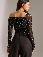 Semi-Sheer Off-Shoulder Top with Polka Dot Mesh Ruching