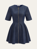 Denim Zip-Front Dress with Short Sleeves