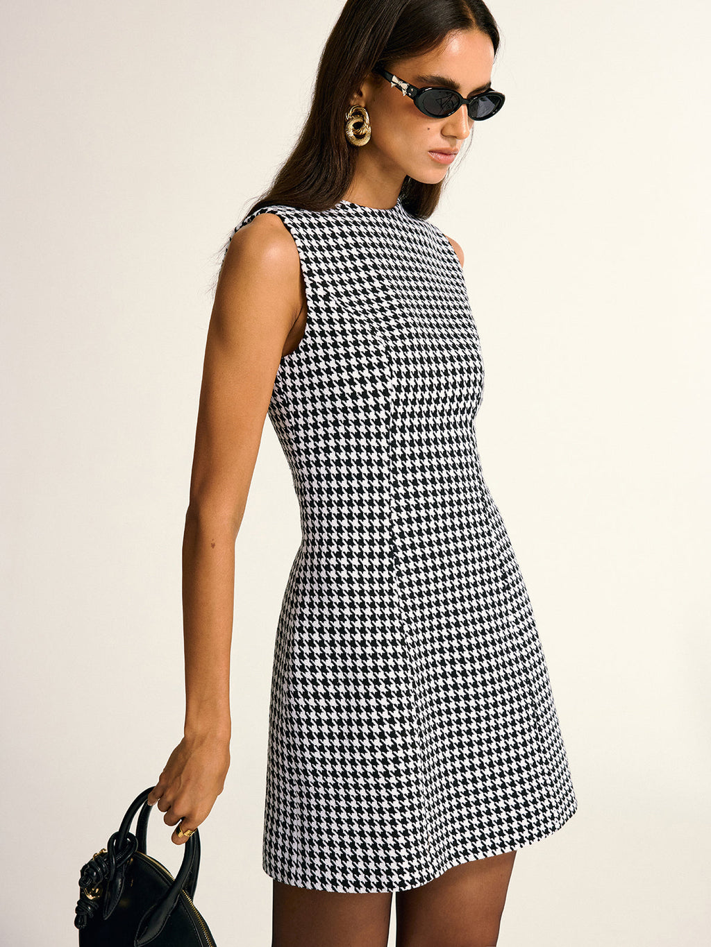 Chic Houndstooth Pattern Sleeveless A-Line Mini Dress