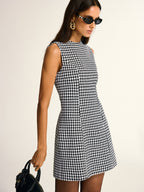 Chic Houndstooth Pattern Sleeveless A-Line Mini Dress