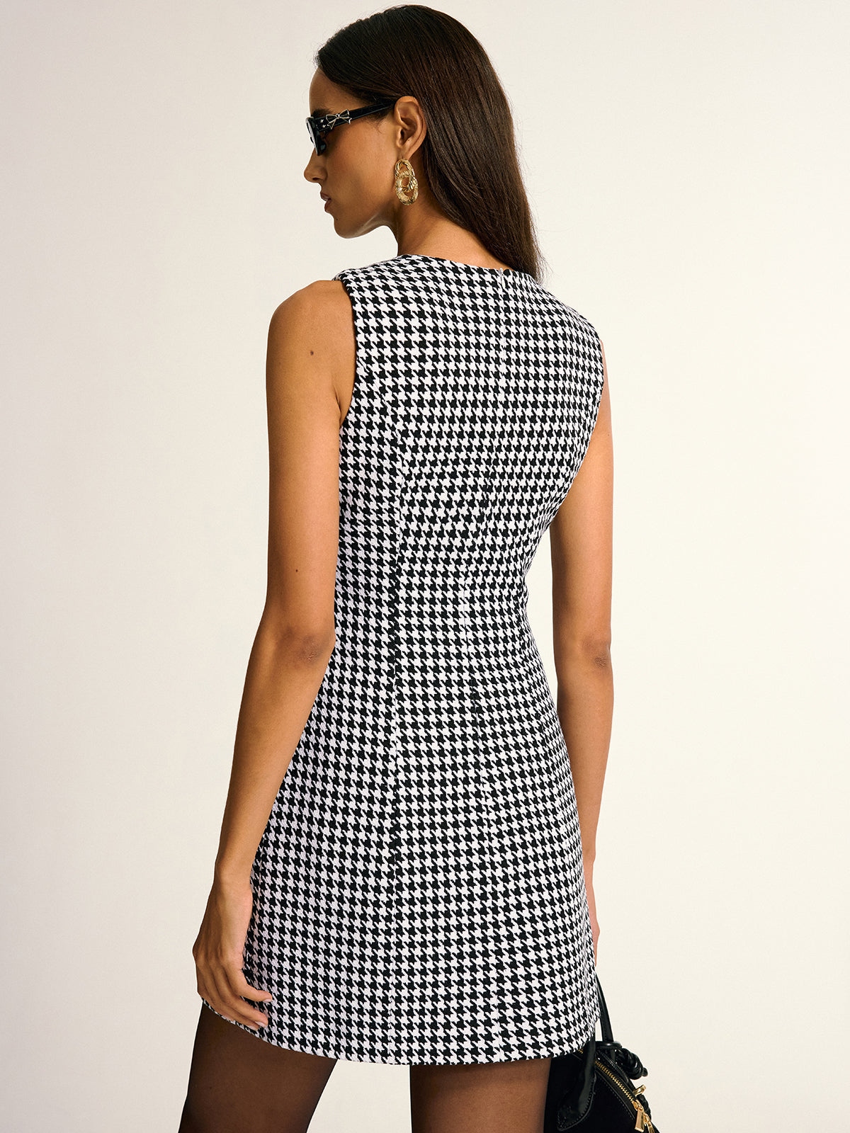 Houndstooth Pattern Sleeveless A-Line Mini Dress