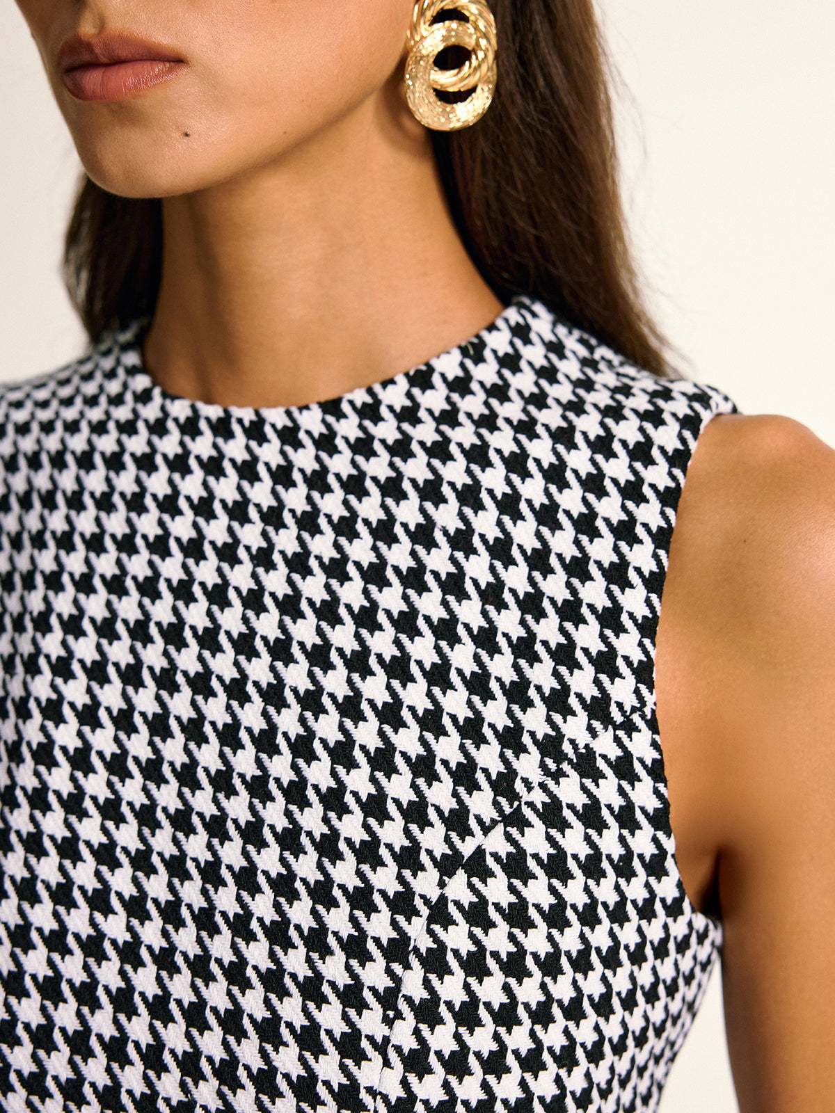 Chic Houndstooth Pattern Sleeveless A-Line Mini Dress