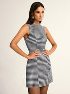 Houndstooth Pattern Sleeveless A-Line Mini Dress