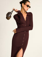 Ribbed Knit Midi Dress with Metal Collar Button