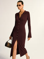 Ribbed Knit Midi Dress with Metal Collar Button