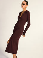 Ribbed Knit Midi Dress with Metal Collar Button