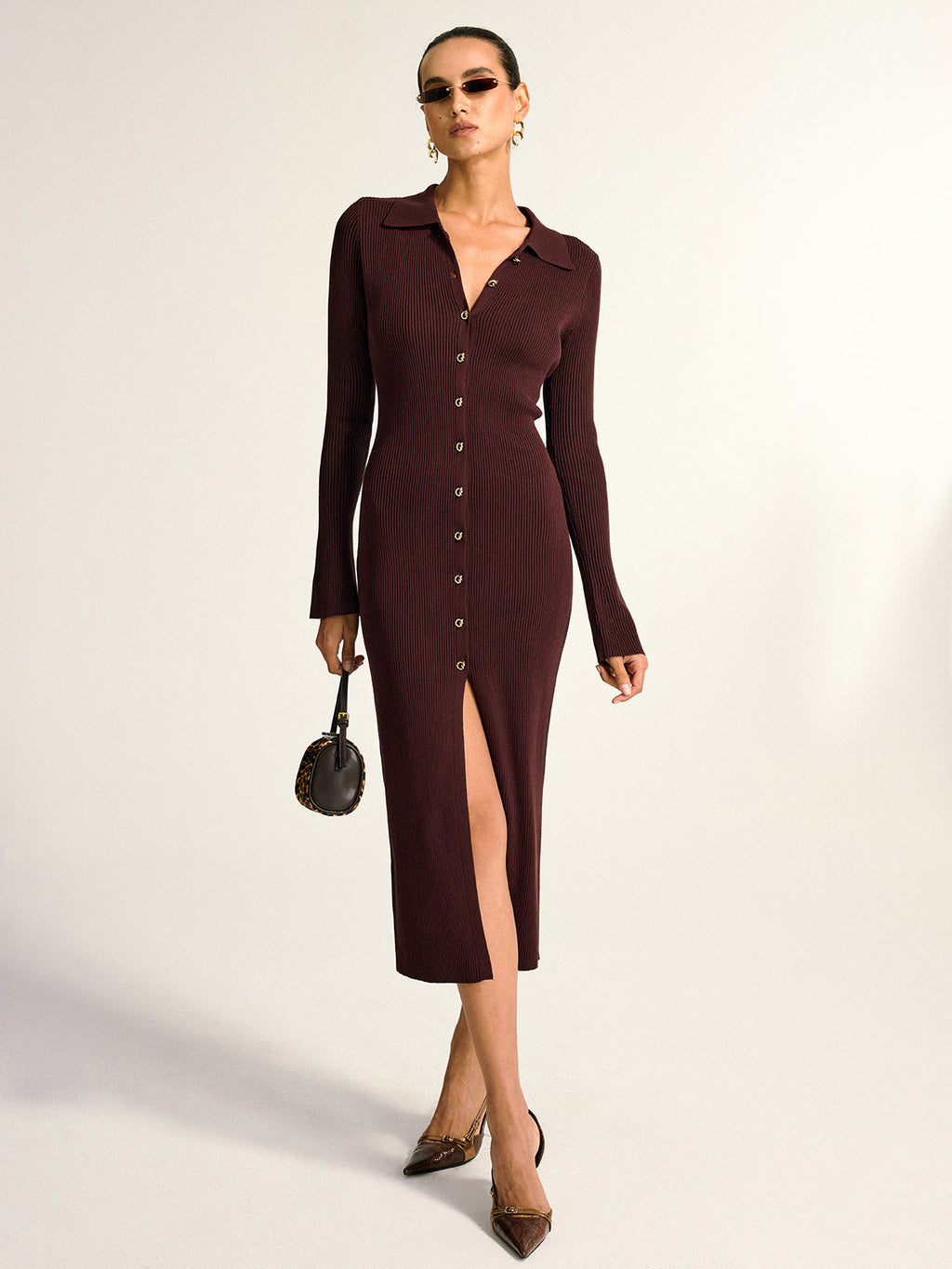 Ribbed Knit Midi Dress with Metal Collar Button