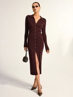 Ribbed Knit Midi Dress with Metal Collar Button