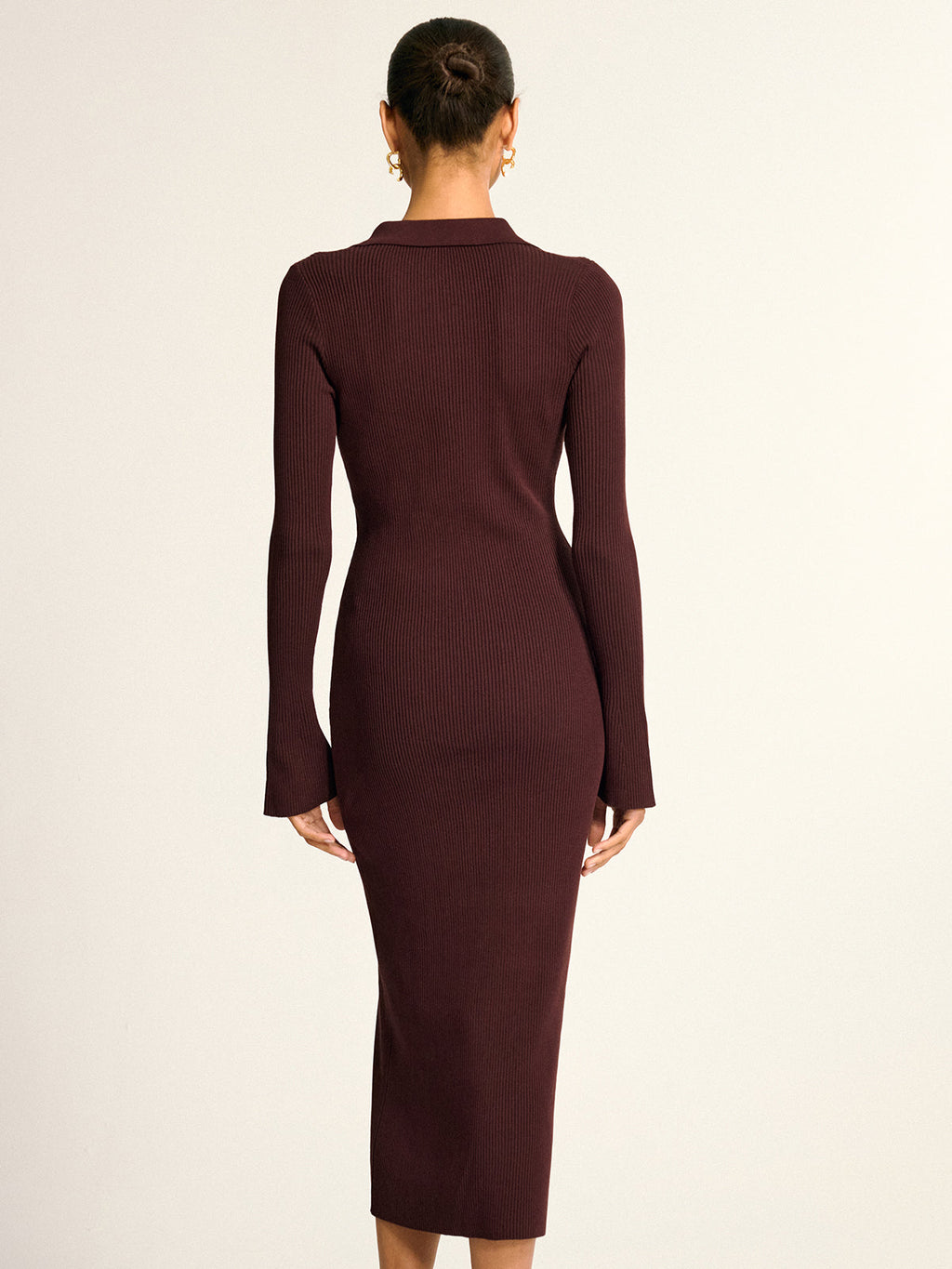 Ribbed Knit Midi Dress with Metal Collar Button