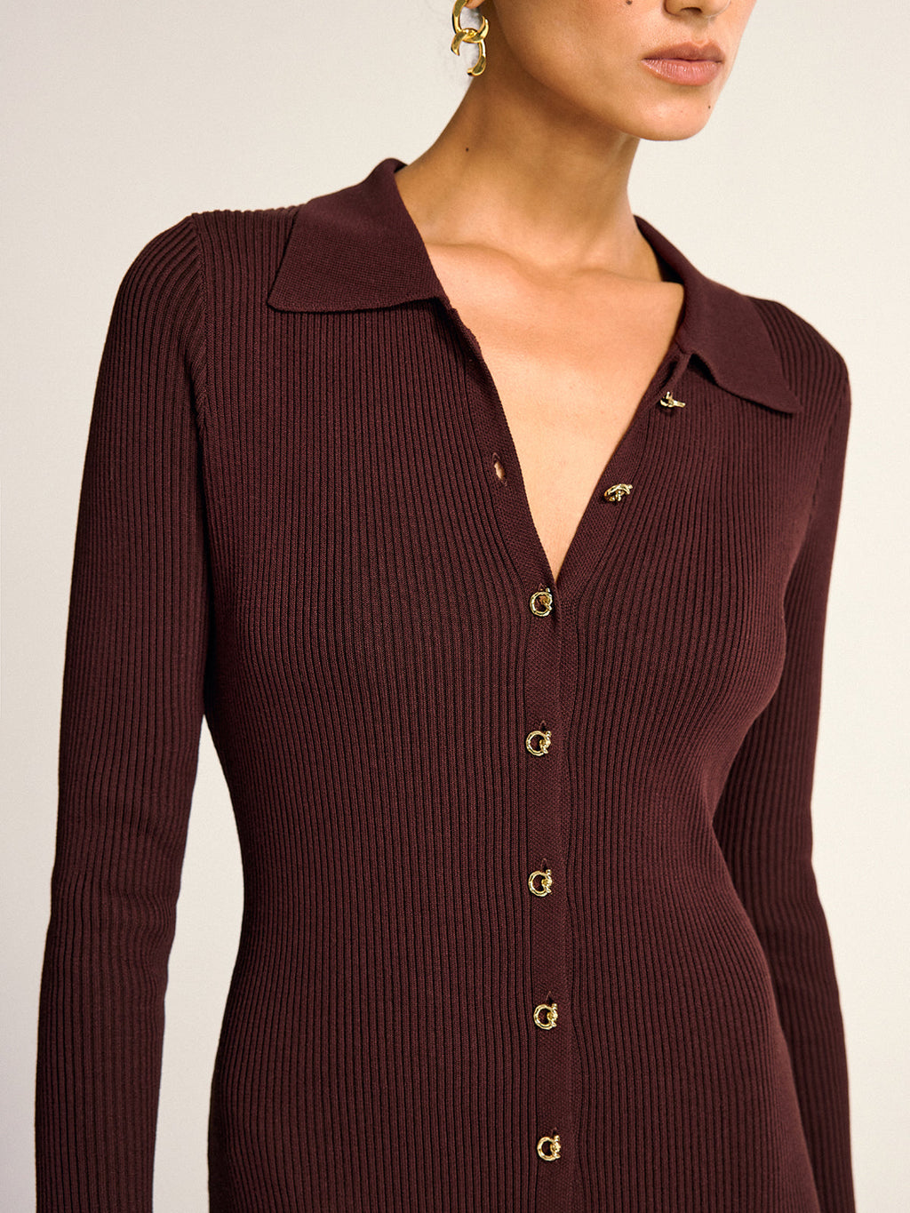 Ribbed Knit Midi Dress with Metal Collar Button