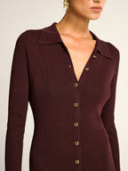 Ribbed Knit Midi Dress with Metal Collar Button