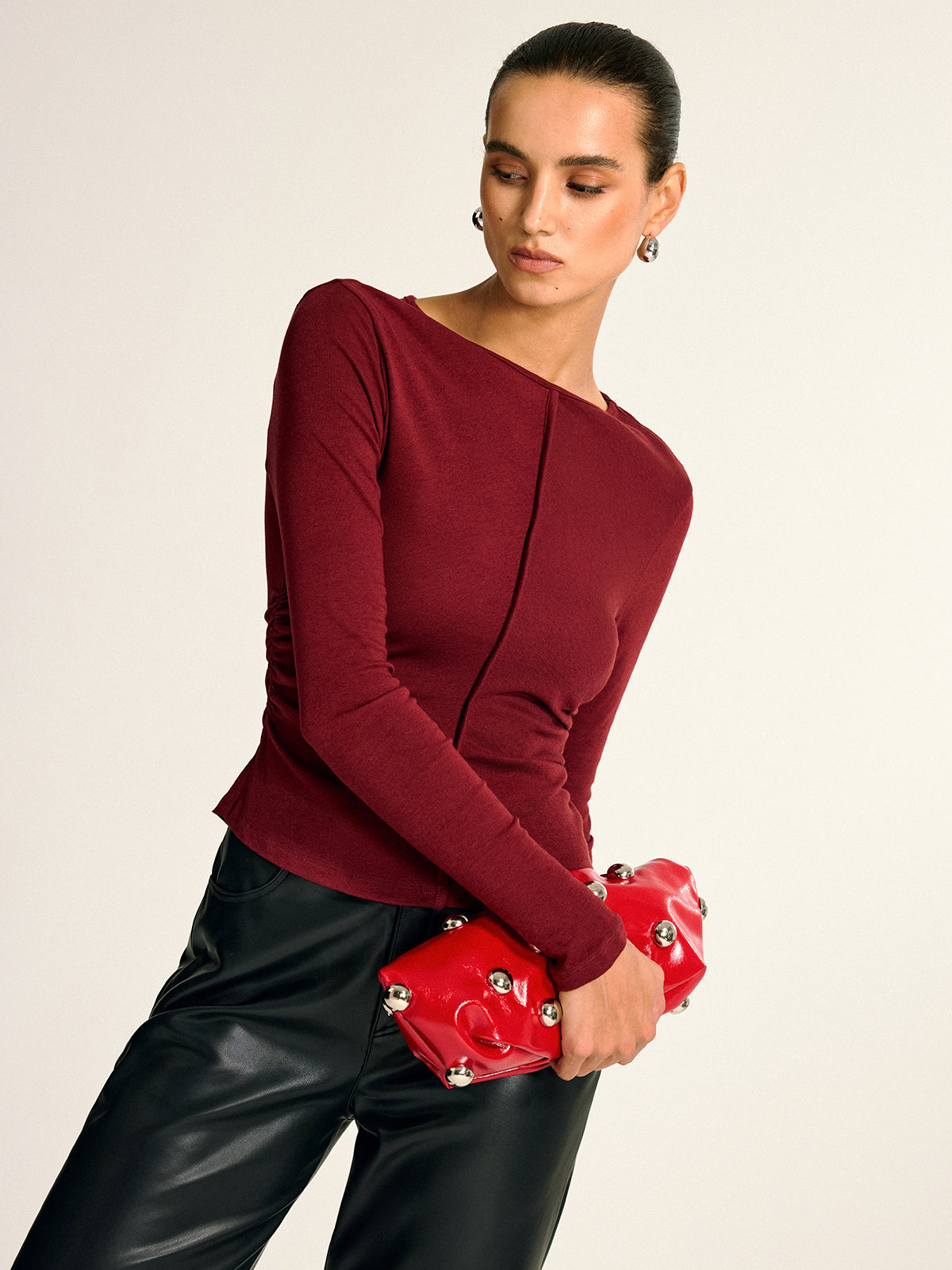 Ruched Long Sleeve T-Shirt in Wool Blend