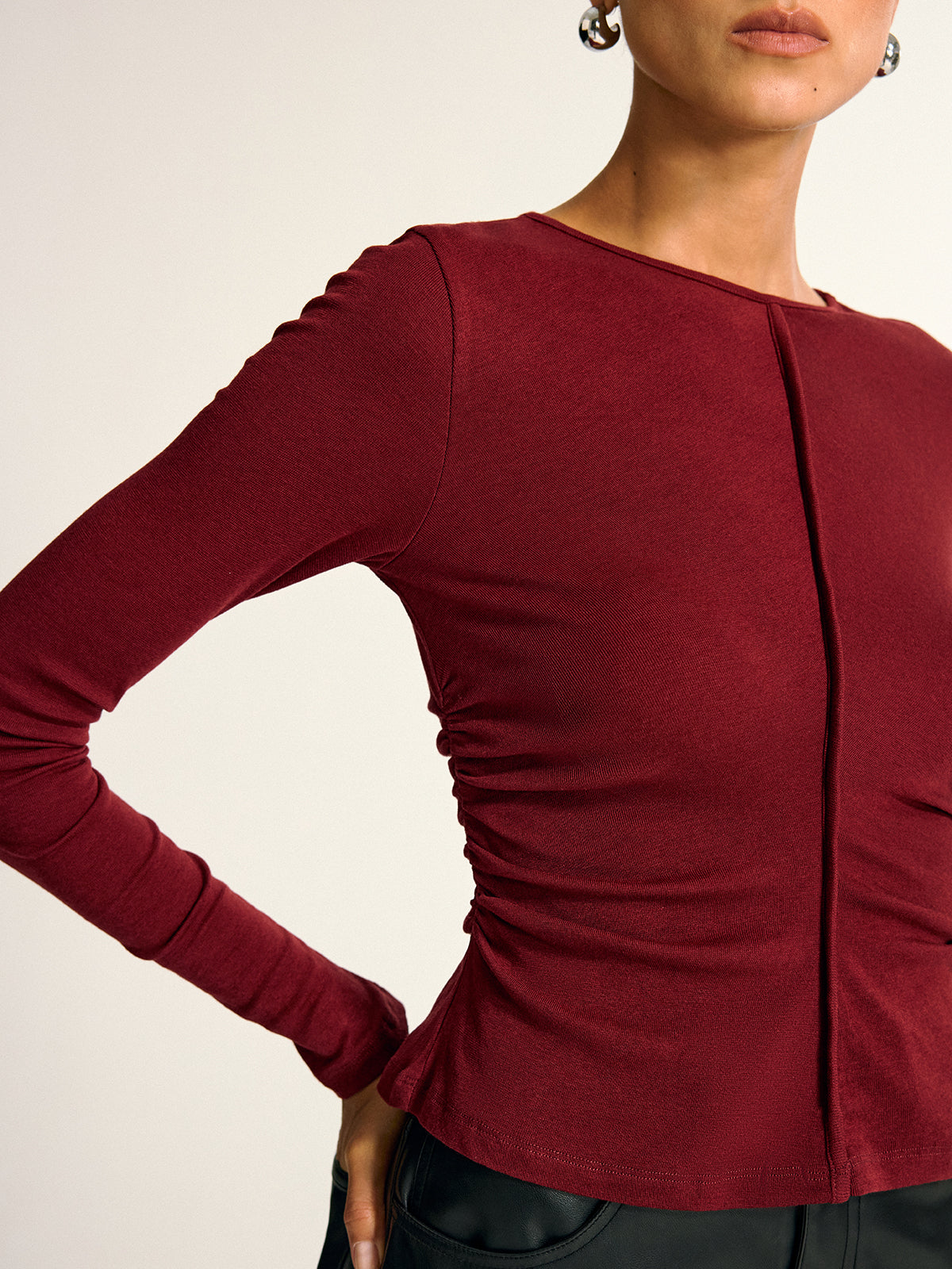 Ruched Long Sleeve T-Shirt in Wool Blend