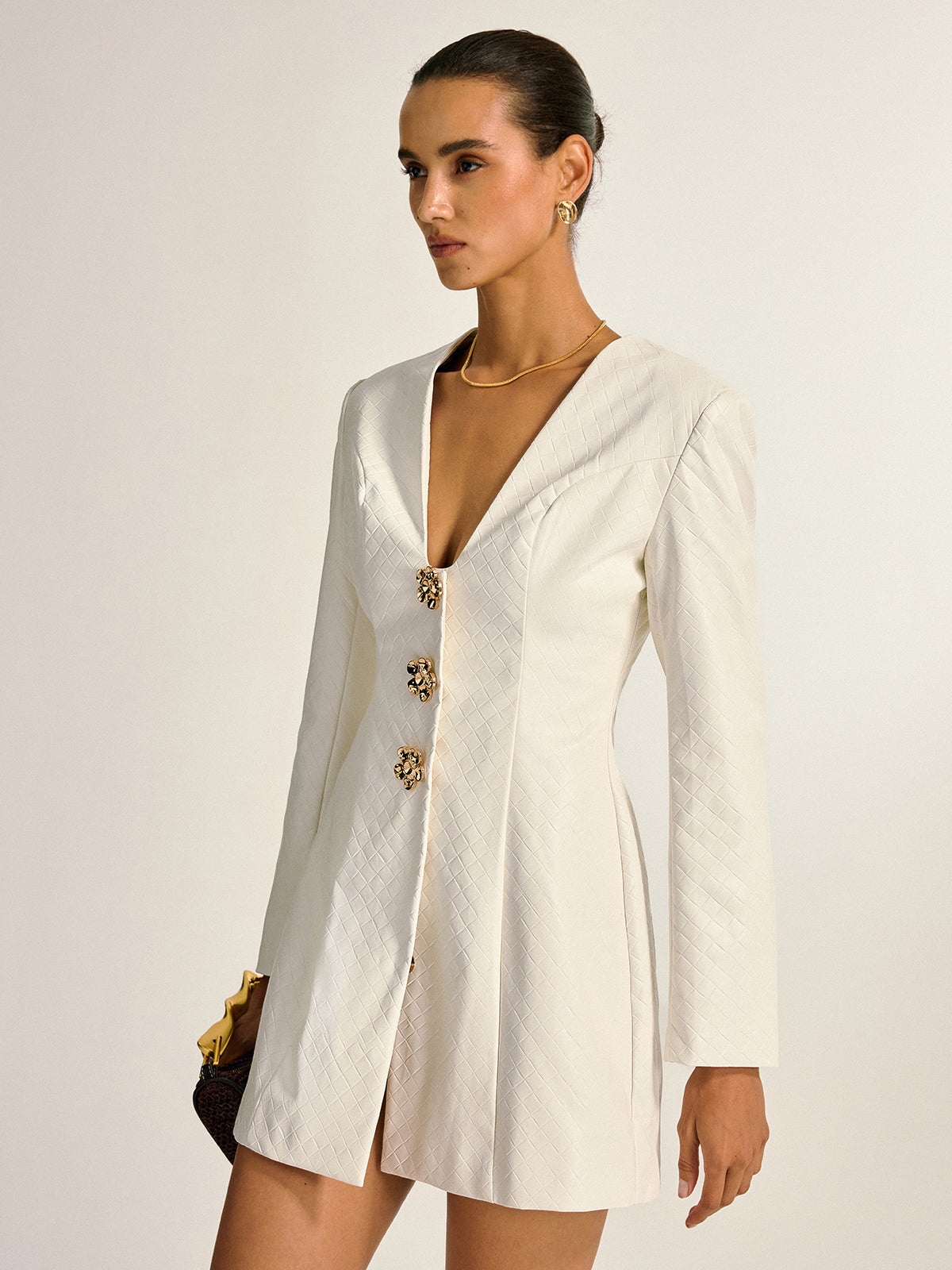 Floral Metallic Button Detail Faux Leather Mini Dress